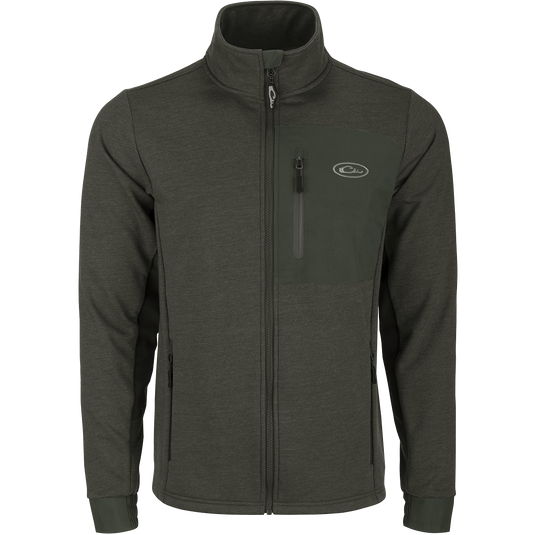 Hybrid Windproof Jacket - A functional, mid-weight jacket with a two-tone design. Features include a left chest pocket, zippered slash pockets, and 4-way stretch cuffs. Ideal for cool fall days and nights.