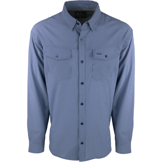 A lightweight, wrinkle-resistant Traveler's Check Shirt L/S with four-way stretch for freedom of movement. Moisture-wicking and breathable, perfect for the man on the go. Two chest pockets with button flaps.