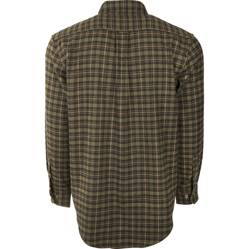 A close-up of the Autumn Brushed Twill Shirt, a soft and comfortable 100% brushed cotton twill shirt. Features a left chest pocket and hidden zippered vertical pocket. Perfect for fall and winter outdoor activities.