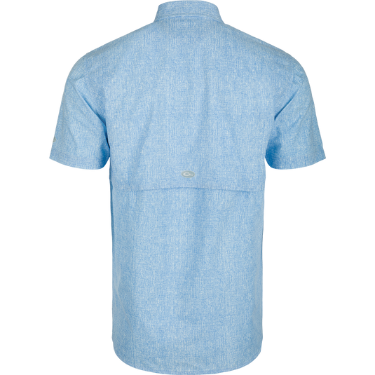 Heritage Heather Shirt S/S: A performance shirt made of 100% polyester micro mesh. Lightweight, moisture-wicking, and quick-drying. Features include a hidden button-down collar, vented cape back, and two chest pockets. Perfect for outdoor activities or office wear.