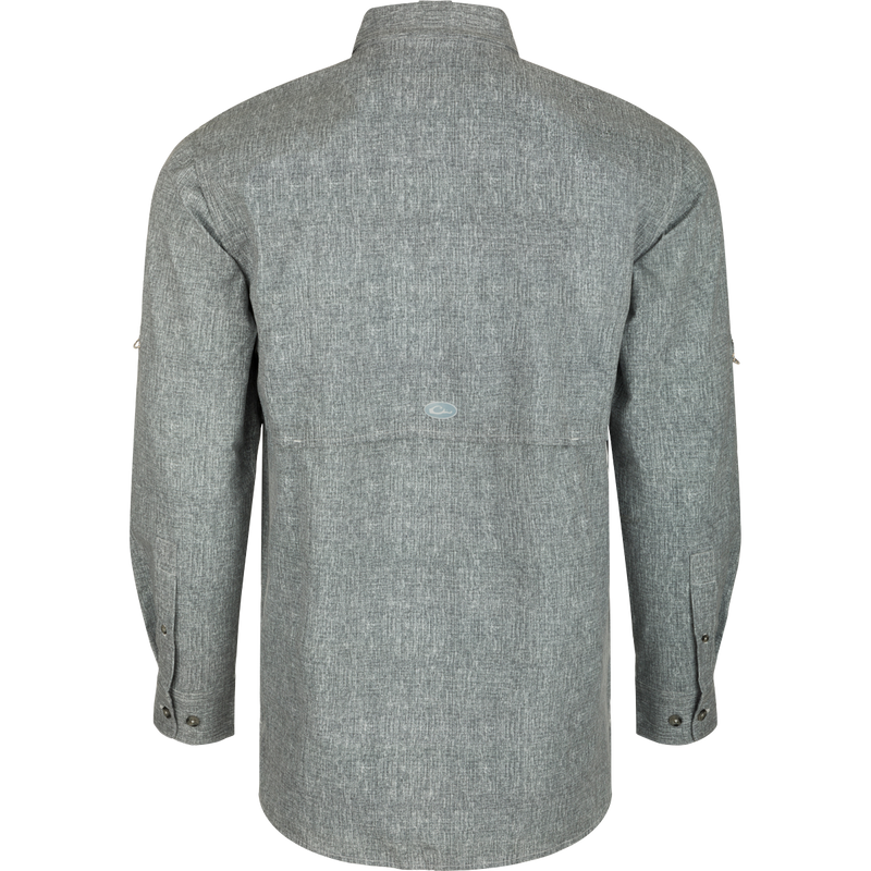 Heritage Heather Shirt L/S: A grey shirt with a back view, featuring a cape back with mesh ventilation, hidden button-down collar, and two front chest pockets. Lightweight, moisture-wicking fabric with UPF30 sun protection. Perfect for performance on the water or at the office.