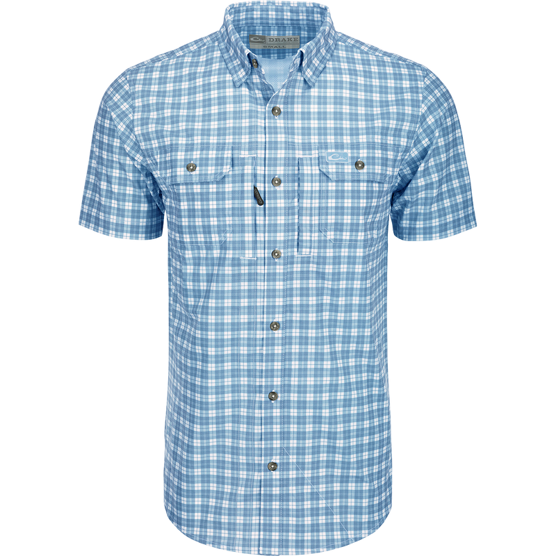 Hunter Creek Check Plaid Shirt S/S: A lightweight, moisture-wicking blue and white plaid shirt with hidden collar buttons and chest pockets.