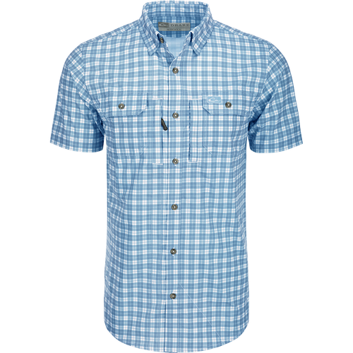 Hunter Creek Check Plaid Shirt S/S: A lightweight, moisture-wicking blue and white plaid shirt with hidden collar buttons and chest pockets.
