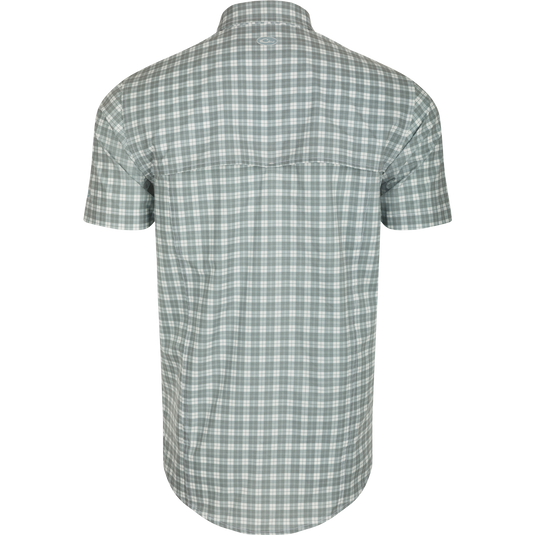 Hunter Creek Check Plaid Shirt S/S: Back view of a lightweight, moisture-wicking shirt with hidden button-down collar, vented back cape, and chest pockets.