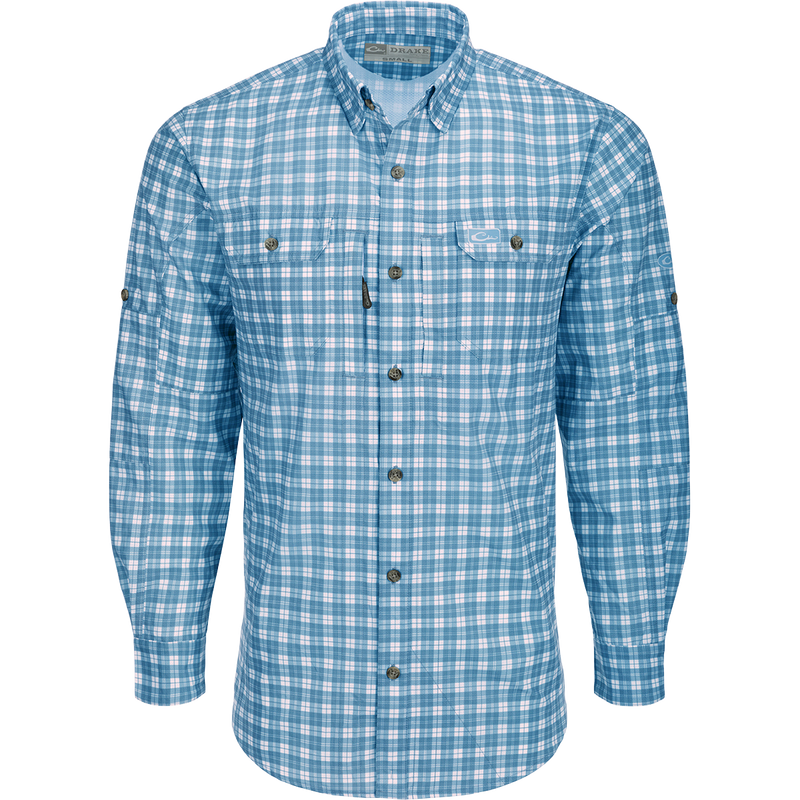 A high-performance Hunter Creek Check Plaid Shirt with hidden buttons, vented back, and multiple pockets for convenience and style.