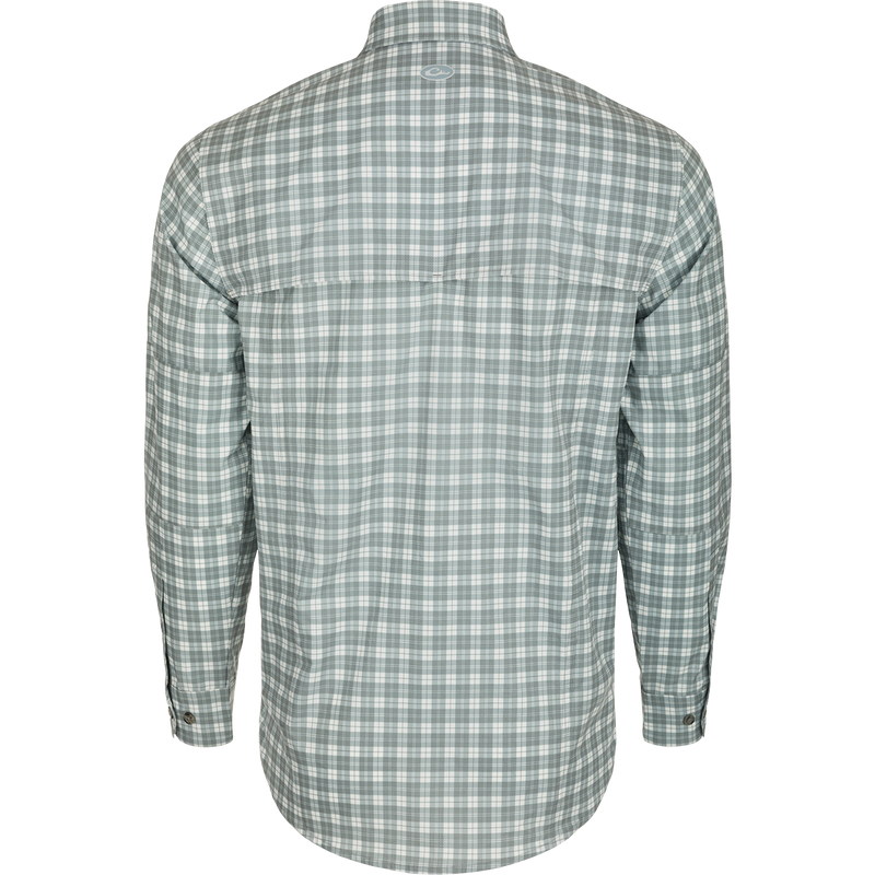 Hunter Creek Check Plaid Shirt L/S: Back view of a lightweight, moisture-wicking shirt with hidden button-down collar, vented back cape, and chest pockets.