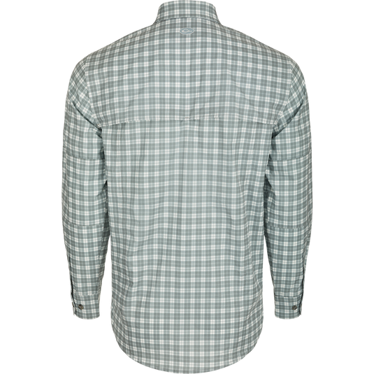 Hunter Creek Check Plaid Shirt L/S: Back view of a lightweight, moisture-wicking shirt with hidden button-down collar, vented back cape, and chest pockets.