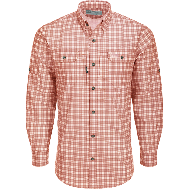 Hunter Creek Check Plaid Shirt L/S: A lightweight, moisture-wicking shirt with hidden buttons, vented back, and chest pockets for outdoor activities.
