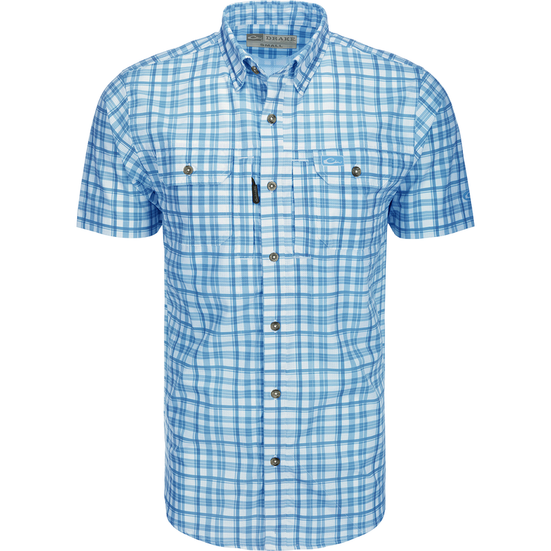 Hunter Creek Window Pane Plaid Shirt S/S: A lightweight, moisture-wicking shirt with UPF30 sun protection. Features a hidden button-down collar, vented back cape, and two chest pockets with Magnattach and zipper closures. Sculpted hem with built-in sunglass wipe.