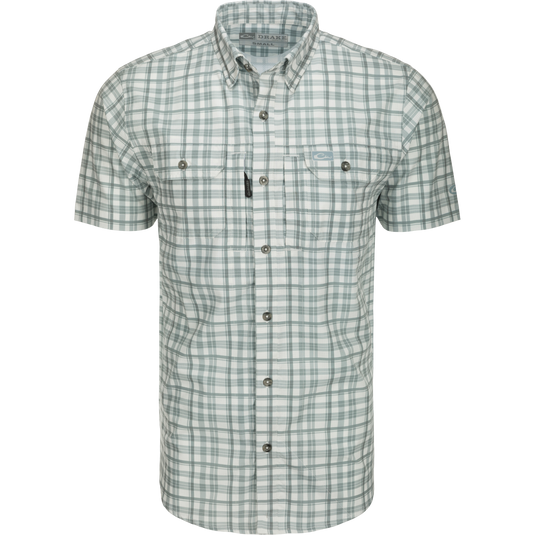 Hunter Creek Window Pane Plaid Shirt S/S: A lightweight, moisture-wicking shirt with hidden button-down collar, vented back, and multiple pockets.