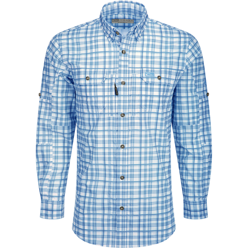 Hunter Creek Window Pane Plaid Shirt L/S: A lightweight, moisture-wicking shirt with hidden button-down collar, vented back, and chest pockets with zipper and Magnattach closure. Sculpted hem and built-in sunglass wipe for added convenience.