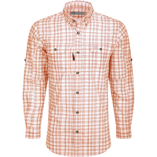 Hunter Creek Window Pane Plaid Shirt L/S: A lightweight, moisture-wicking shirt with hidden button-down collar, vented back, and chest pockets with closures.