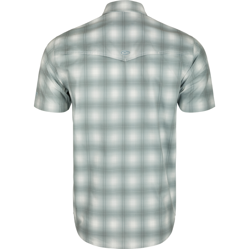 Cinco Ranch Western Plaid Shirt - Back view of lightweight polyester shirt with micro-mesh for natural cooling, vented Western back, and two button-through chest pockets.