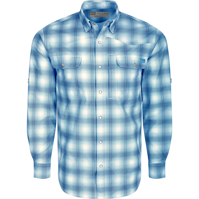 Cinco Ranch Western Plaid Shirt L/S, a lightweight polyester shirt with micro-mesh for natural cooling, UPF 30 sun protection, and moisture-wicking properties. Features include a hidden button-down collar, vented Western back, and two button-through chest pockets. Perfect for hunting, fishing, or casual wear.