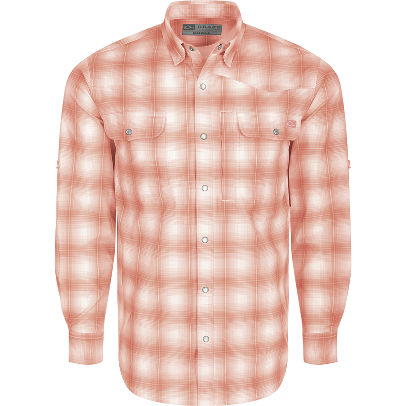 Cinco Ranch Western Plaid Shirt L/S: A lightweight, moisture-wicking shirt with micro-mesh for natural cooling. Features include UPF 30 sun protection, hidden button-down collar, vented Western back, and two button-through chest pockets with a Magnattach closure on the left pocket. Faux pearl snap buttons and a scalloped hem add style. Perfect for hunting, fishing, or casual wear.