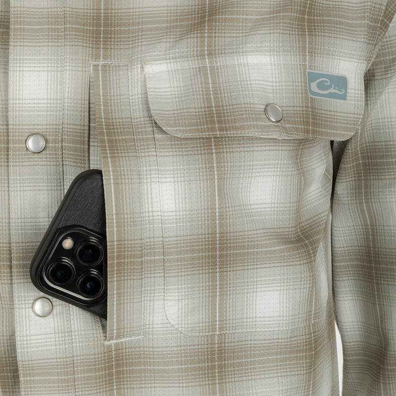 Cinco Ranch Western Plaid Shirt L/S in pocket, featuring micro-mesh for natural cooling, UPF 30 sun protection, and moisture-wicking technology.