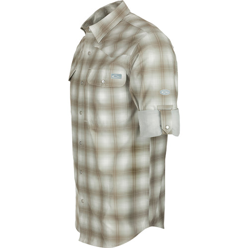 Cinco Ranch Western Plaid Shirt L/S: A close-up of a shirt collar with Faux Pearl Snaps and hidden button-down collar.