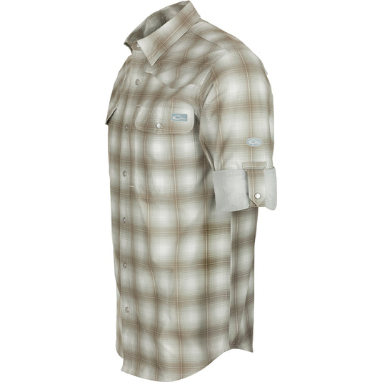 Cinco Ranch Western Plaid Shirt L/S: A close-up of a shirt collar with Faux Pearl Snaps and hidden button-down collar.