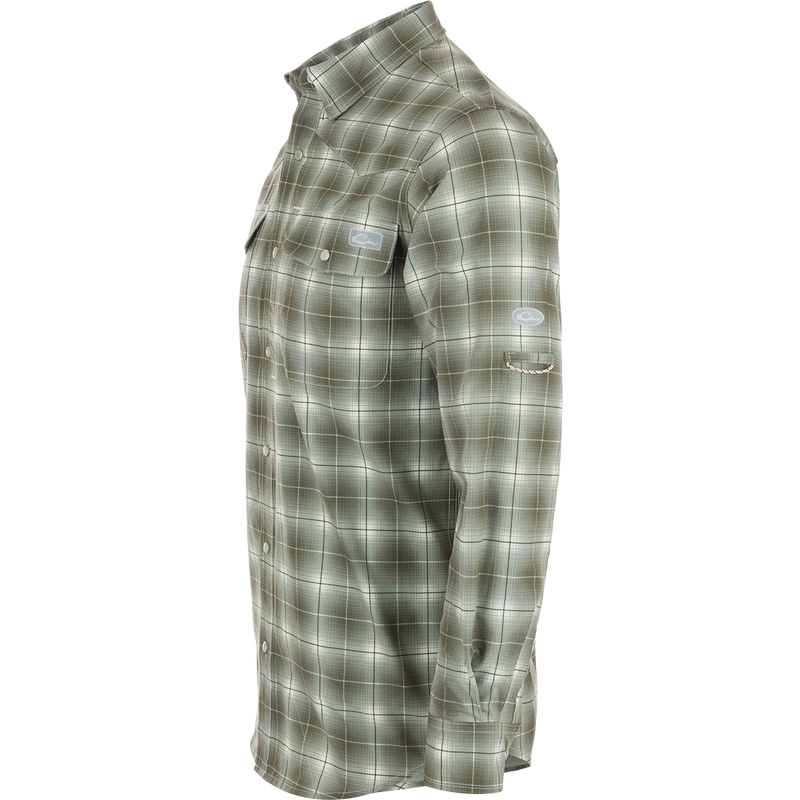 Cinco Ranch Plaid Long Sleeve Shirt with western vibes, UPF 30 sun protection, moisture-wicking, and quick-drying capabilities. Hidden button-down collar, faux pearl snap buttons, adjustable roll-up sleeves. Lightweight 100% Polyester.