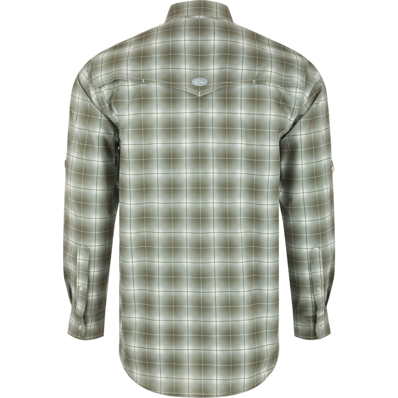Cinco Ranch Plaid Long Sleeve Shirt - Back view of lightweight polyester shirt with hidden button-down collar, vented western back, and two pearl snap chest pockets.