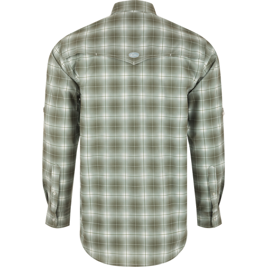 Cinco Ranch Plaid Long Sleeve Shirt - Back view of lightweight polyester shirt with hidden button-down collar, vented western back, and two pearl snap chest pockets.