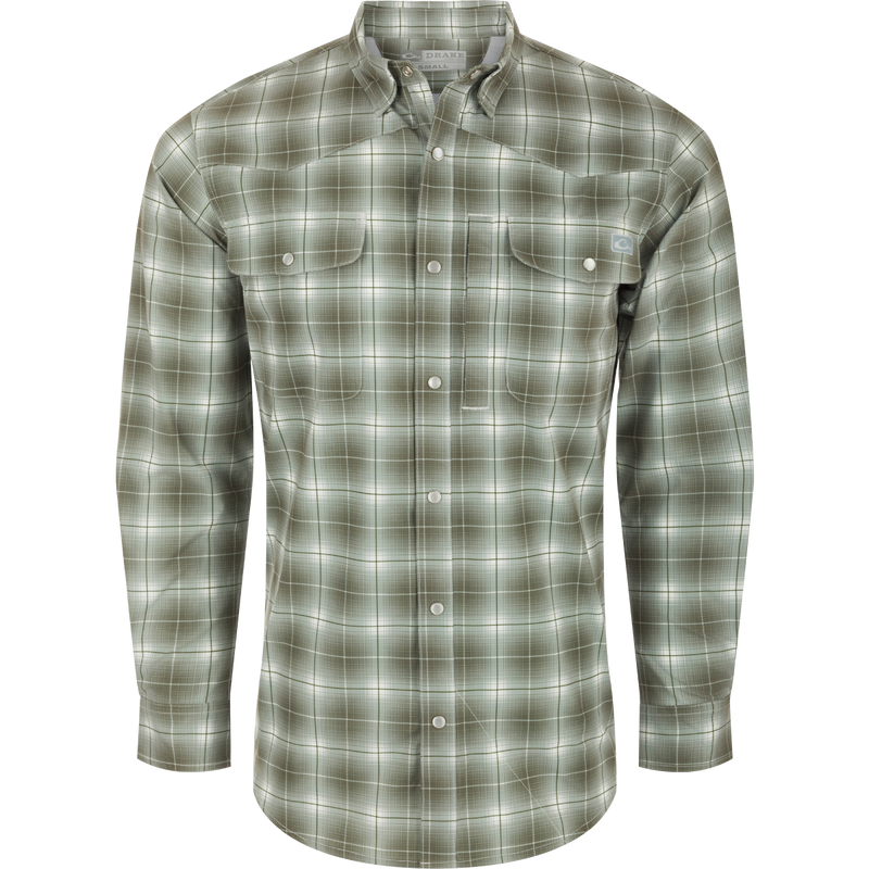 Cinco Ranch Plaid Long Sleeve Shirt with hidden button-down collar, faux pearl snap buttons, and adjustable roll-up sleeves. Lightweight and breathable with UPF 30 sun protection, moisture-wicking, and quick-drying capabilities. Perfect for western vibes and outdoor adventures.