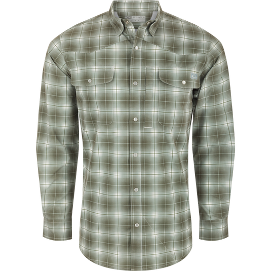 Cinco Ranch Plaid Long Sleeve Shirt with hidden button-down collar, faux pearl snap buttons, and adjustable roll-up sleeves. Lightweight and breathable with UPF 30 sun protection, moisture-wicking, and quick-drying capabilities. Perfect for western vibes and outdoor adventures.
