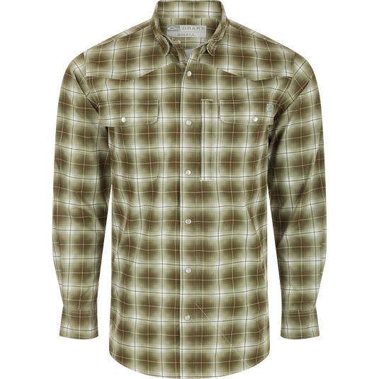 Cinco Ranch Plaid Long Sleeve Shirt with hidden button-down collar, faux pearl snap buttons, and adjustable roll-up sleeves. Lightweight and breathable 100% Polyester with UPF 30 sun protection, moisture-wicking, and quick-drying capabilities. Western vibes for any adventure!
