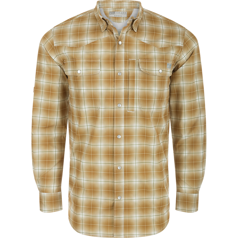 Cinco Ranch Western Fall Plaid Long Sleeve Shirt with hidden button-down collar and faux pearl snap buttons. Lightweight, breathable 100% Polyester with UPF 30 sun protection, moisture-wicking, and quick-drying capabilities. Adjustable roll-up sleeves and tab holders for any adventure!