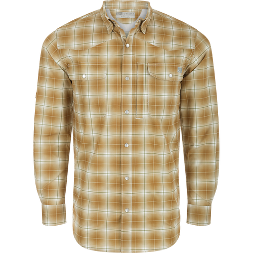 Cinco Ranch Western Fall Plaid Long Sleeve Shirt with hidden button-down collar and faux pearl snap buttons. Lightweight, breathable 100% Polyester with UPF 30 sun protection, moisture-wicking, and quick-drying capabilities. Adjustable roll-up sleeves and tab holders for any adventure!