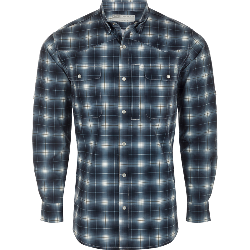 Cinco Ranch Plaid Long Sleeve Shirt with hidden button-down collar, faux pearl snap buttons, and adjustable roll-up sleeves. Lightweight and breathable 100% Polyester with UPF 30 sun protection, moisture-wicking, and quick-drying capabilities. Perfect for western vibes and outdoor adventures!