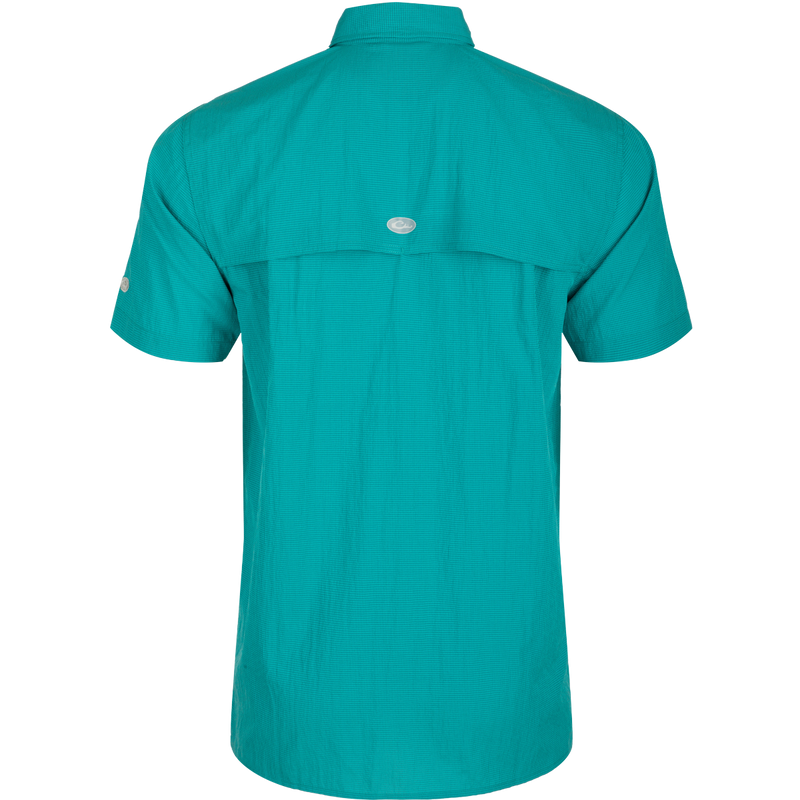 Classic Seersucker Minicheck Shirt S/S: Back view of a blue shirt with hidden button-down collar, zippered chest pocket, and vented cape back.