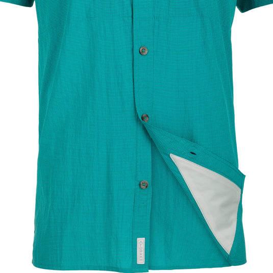 Classic Seersucker Minicheck Shirt with hidden zippered chest pocket and Magnattach™ closure. Moisture-wicking, quick-drying fabric with UPF30 sun protection. Vented cape back for added ventilation. Split tail hem for versatile wear.