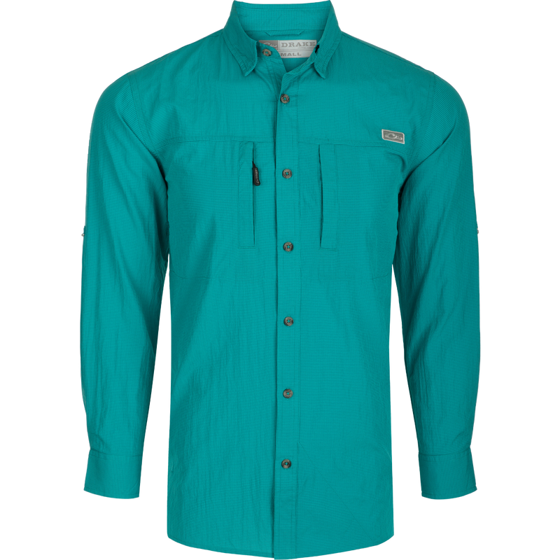 Classic Seersucker Minicheck Shirt L/S: A button-down collar shirt with hidden zippered chest pocket and Magnattach closure. Vented cape back for ventilation and split tail hem for versatile wear.