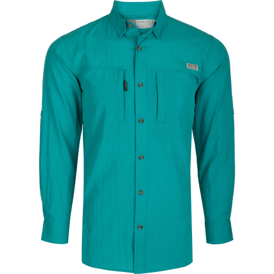 Classic Seersucker Minicheck Shirt L/S: A button-down collar shirt with hidden zippered chest pocket and Magnattach closure. Vented cape back for ventilation and split tail hem for versatile wear.