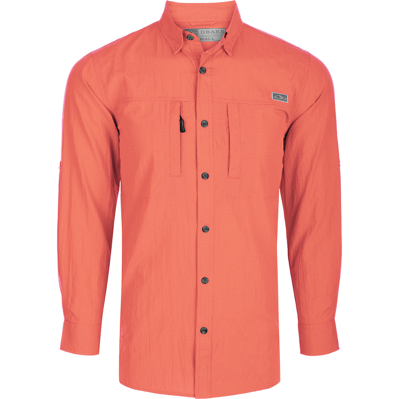 Classic Seersucker Minicheck Shirt L/S: A soft, featherweight shirt with a hidden button-down collar, zippered chest pocket, and magnet closure. Features UPF30 sun protection, moisture-wicking fabric, and a vented cape back for added ventilation. Perfect for hunting and outdoor activities.