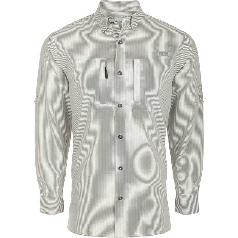 Classic Seersucker Stripe Shirt L/S: A button-down shirt with a seersucker texture, UPF 30 sun protection, and moisture-wicking fabric. Features a hidden zippered chest pocket and a Magnattach™ closure. Vented cape back for ventilation.