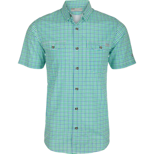 Frat Tattersall Shirt S/S: Lightweight, moisture-wicking shirt with UPF30 sun protection. Classic fit, hidden button-down collar, chest pockets, vented cape back, sculpted hem, and built-in sunglass wipe. Perfect for hunting, fishing, and outdoor activities.