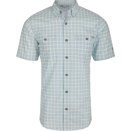 A classic fit Frat Tattersall Shirt with a hidden button-down collar, two chest pockets, and a vented cape back. Made from lightweight performance fabric with UPF30 sun protection and moisture-wicking properties. Sculpted hem and built-in sunglass wipe.