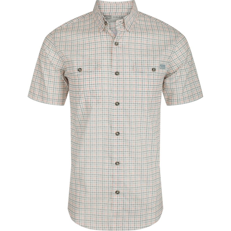 Frat Tattersall Shirt S/S - A lightweight, moisture-wicking shirt with UPF30 sun protection. Features a hidden button-down collar, vented cape back, and two chest pockets. Sculpted hem and built-in sunglass wipe. Classic style with technical features.