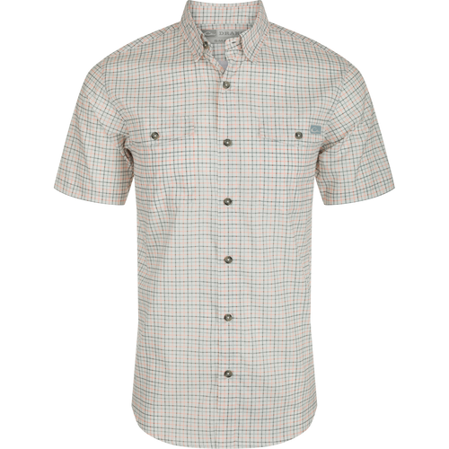 Frat Tattersall Shirt S/S - A lightweight, moisture-wicking shirt with UPF30 sun protection. Features a hidden button-down collar, vented cape back, and two chest pockets. Sculpted hem and built-in sunglass wipe. Classic style with technical features.