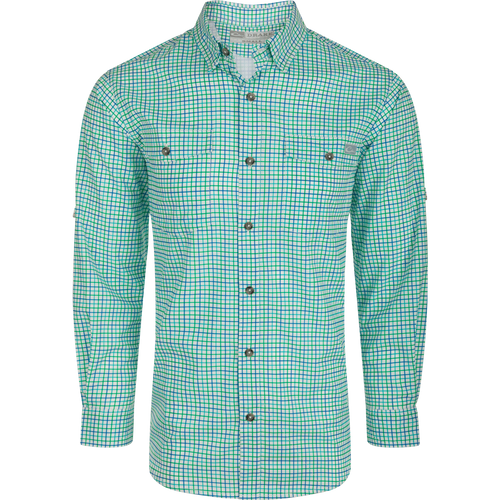 Frat Tattersall Shirt L/S: A plaid shirt with a hidden button-down collar, two chest pockets, and a vented cape back. Lightweight, stretchy, and moisture-wicking for comfort.