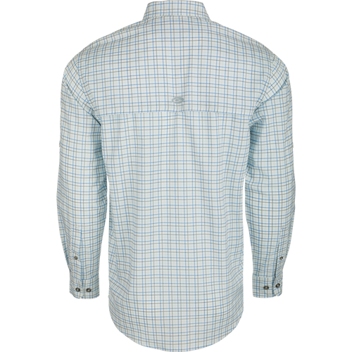 Frat Tattersall Shirt L/S: A lightweight plaid shirt with a hidden button-down collar, chest pockets, and a vented cape back. Features include UPF30 sun protection, moisture-wicking, and a built-in sunglass wipe. Classic styling meets technical functionality.