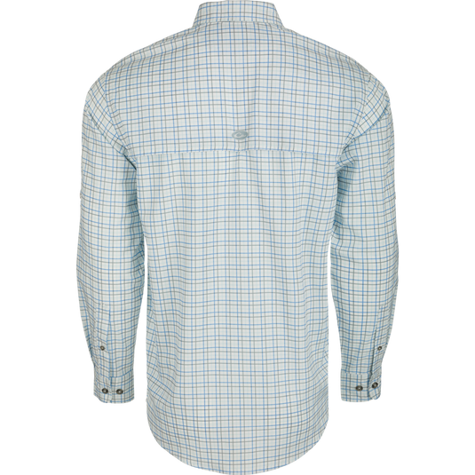 Frat Tattersall Shirt L/S: A lightweight plaid shirt with a hidden button-down collar, chest pockets, and a vented cape back. Features include UPF30 sun protection, moisture-wicking, and a built-in sunglass wipe. Classic styling meets technical functionality.
