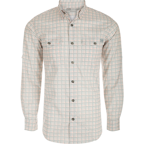 Frat Tattersall Shirt L/S: A classic fit shirt with hidden button-down collar, chest pockets, and vented cape back. Made from lightweight performance fabric with UPF30 sun protection and moisture-wicking properties. Sculpted hem allows for tucked or untucked wear. Includes a built-in sunglass wipe.