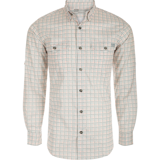 Frat Tattersall Shirt L/S: A classic fit shirt with hidden button-down collar, chest pockets, and vented cape back. Made from lightweight performance fabric with UPF30 sun protection and moisture-wicking properties. Sculpted hem allows for tucked or untucked wear. Includes a built-in sunglass wipe.