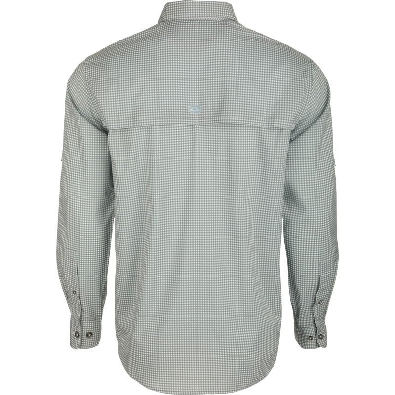 Frat Gingham Check Shirt L/S - Back view of lightweight polyester/spandex shirt with hidden button-down collar, vented cape back, and two chest pockets. Sculpted hem and adjustable roll-up sleeves with tab holder. Moisture-wicking, quick-drying, and UPF30 sun protection. Classic styling meets technical features.