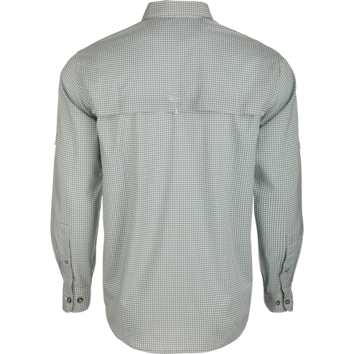 Frat Gingham Check Shirt L/S - Back view of lightweight polyester/spandex shirt with hidden button-down collar, vented cape back, and two chest pockets. Sculpted hem and adjustable roll-up sleeves with tab holder. Moisture-wicking, quick-drying, and UPF30 sun protection. Classic styling meets technical features.