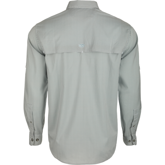 Frat Gingham Check Shirt L/S - Back view of lightweight polyester/spandex shirt with hidden button-down collar, vented cape back, and two chest pockets. Sculpted hem and adjustable roll-up sleeves with tab holder. Moisture-wicking, quick-drying, and UPF30 sun protection. Classic styling meets technical features.