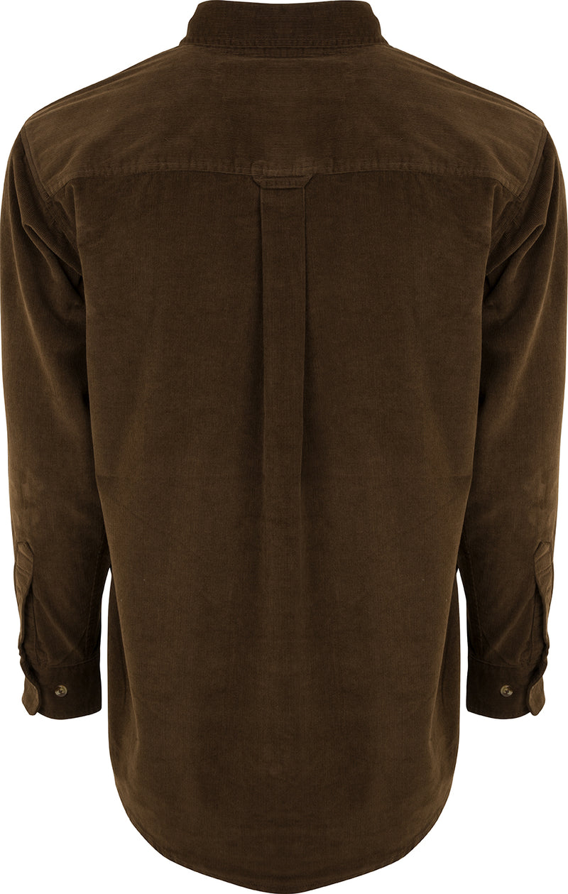Country Corduroy Shirt, a brown corduroy top with two front chest pockets and a button-down collar. Made from 100% cotton eight-wale corduroy fabric, perfect for work and field use.